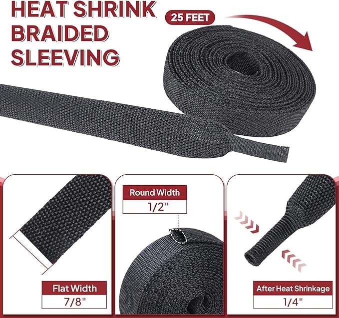 Heat Shrink Braided Sleeving, 2:1 Ratio Shrinkable Fabric Tubing Sleeve Abrasion Protection Cable Wire Sheath (1/2"-25ft)