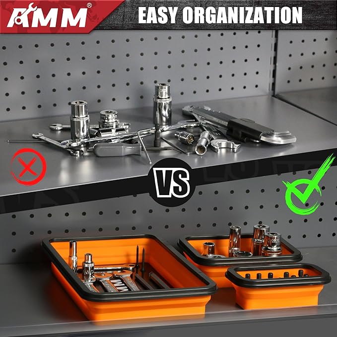 AMM Foldable Magnetic Parts Tray Set, 3 Different Size Magnetic Tool Trays for Bolts Screws Nuts & Small Metal Parts, Mechanic Tool Present for Men，Orange