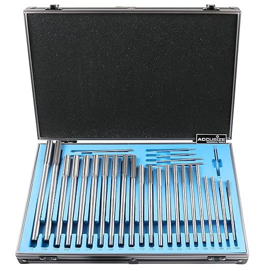 Accusize Industrial Tools 29 Pc Set 1/16 to 1/2 inch by 1/64 in HSS M2 Premium Chucking Reamers, Straight Flute, Aluminum Case, 5528-SF00