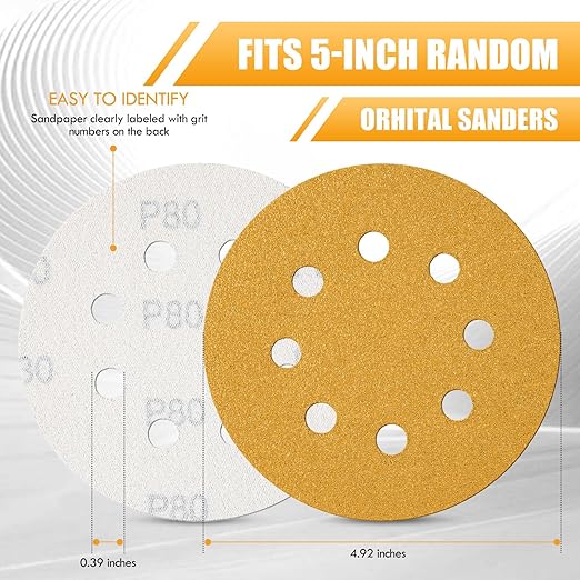 Maxdot 200 Pcs 5 Inch Sanding Discs 8-Hole Hook and Loop Gold Sandpaper, 80-Grit for Random Orbit Sander