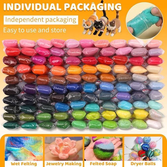 WONVOC 100 Colors Needle Felting Wool, Wool Roving 3g per Color, 10.5 oz Total - Image 4