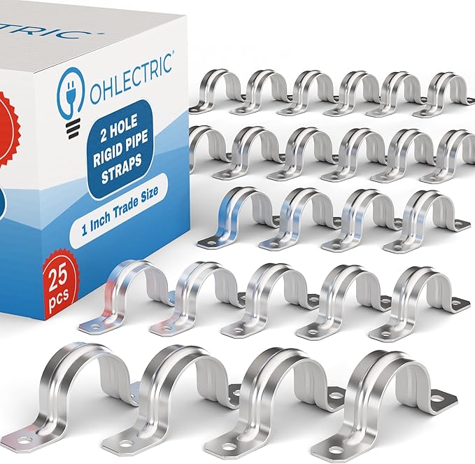 OHLECTRIC Heavy Duty Pipe Strap (25 Pack - 1 Inch) Zinc Plated Conduit Clamps, 2 Hole Steel RIGID Pipe Strap U Bracket, Zinc Coated Tension Tube Clip, Metal Pipe Clamp for RIGID Conduits