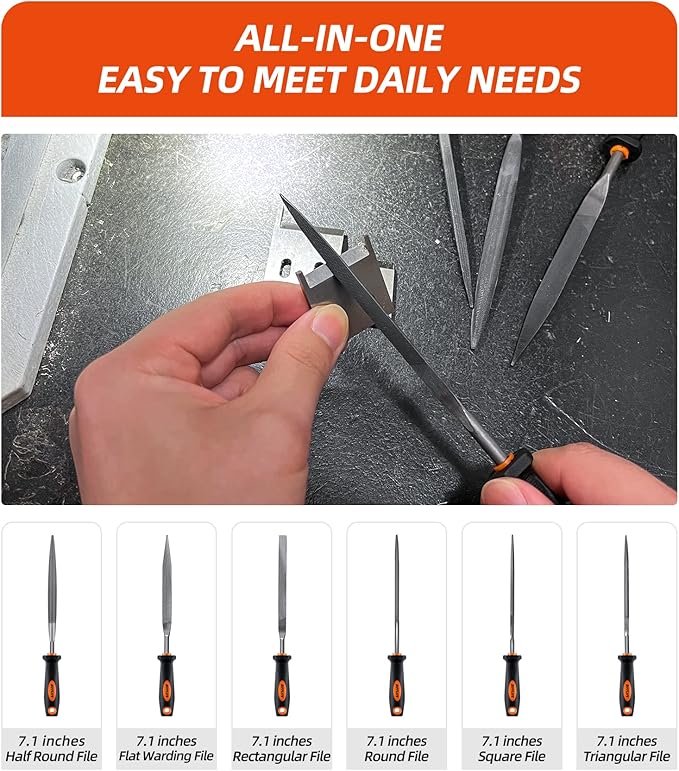 7'' Needle File Set - Carbon Steel 6-Piece With Handles, Hardened Alloy Strength Steel - Includes Flat, Flat Warding, Square, Triangular, Round, and Half-Round Files