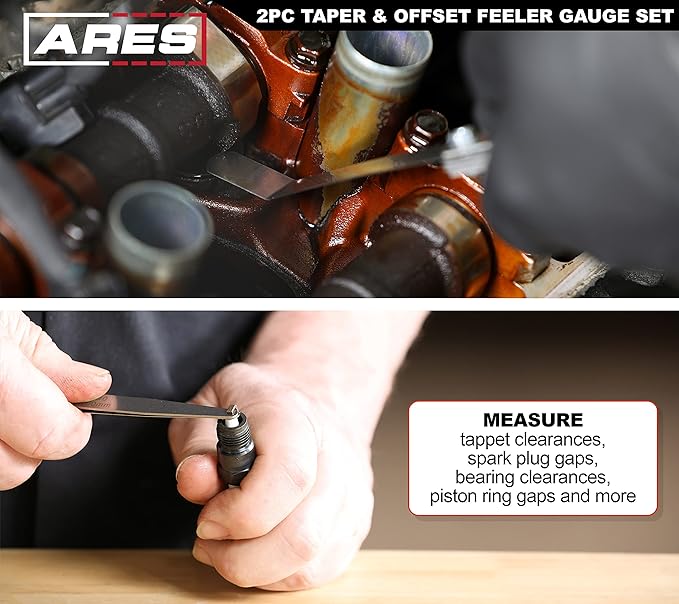 ARES 11042-2-Piece Tapered Feeler Gauge and Offset Feeler Gauge Set has 32 Dual-Marked SAE & Metric Sizes - Offset has 16 Dual-Marked Sizes - Precisely Measure Mechanical Clearances