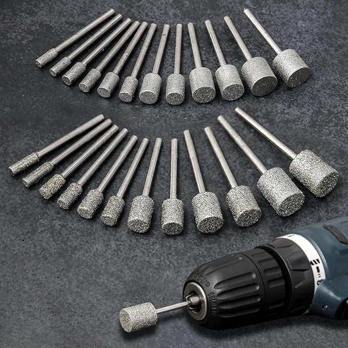 Stone Carving Set Diamond Burr Bits Compatible with Dremel, 46Grit 150Grit 24PCS Polishing Kits Rotary Tools Accessories with 1/8'' Shank for Engraving, Grinding, Stone, Rocks, Jewelry, Ceramics