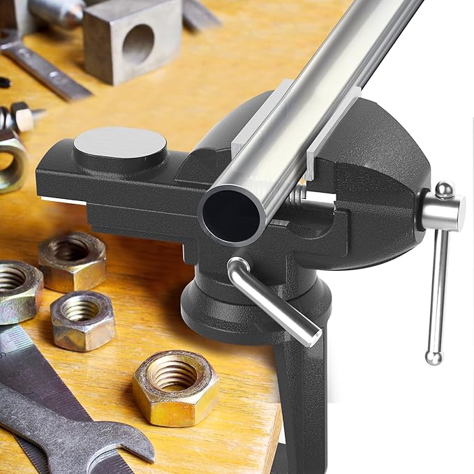 Portable Vise Clamp On Vice for Workbench- 3 Inch Rotate 360°Bench Clamp Swivel Base for Drilling Metalworking Woodworking, Cutting Conduit, Black