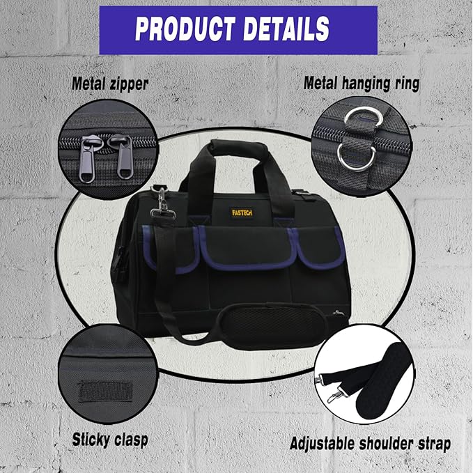20 Inch Tool Bag, Waterproof Wide Mouth Tool Kit, Heavy Duty Tool Bag Organizer With Shoulder Straps, Tool Storage Package For Men/Women (20IN DarkBlue)