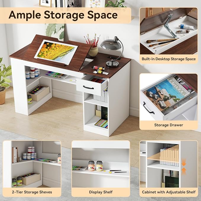Verano Garden 55.1" Drafting Table, Craft Art Table, Computer Desk | Storage - Image 3