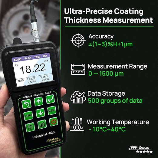 Coating Thickness Gauge Industrial-820 | High-Precision Magnetic & Eddy Current Tester | Measures Coatings on Magnetic & Non-Magnetic Metals | PC Data Transfer, Dual-Mode Probe, Alarm, Statistics