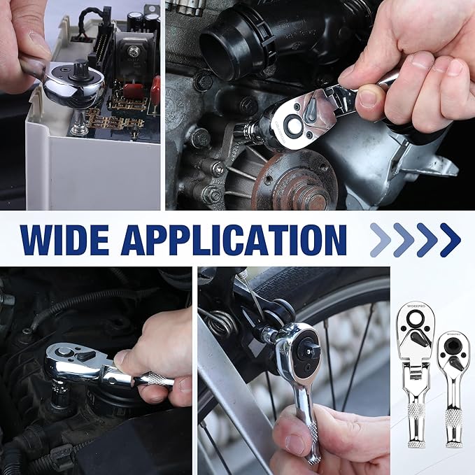 WORKPRO Flex Head Stubby Ratchet & Bit Driver Set 16 PCS, 1/4", 3/8" Drive Ratchet Handle Wrench, 72-T Quick-Release Reversible Socket Wrench, 2 Socket Adapters, 2 Extension Bars, 10 PCS 1/4" Hex Bits