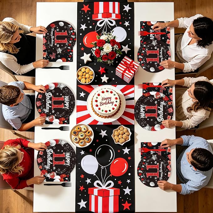 96Pcs Red and Black Party Decorations Happy 11th Birthday Plates and Napkins - Image 8