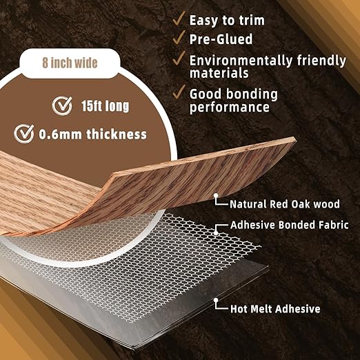 GSCIT Club Red Oak Wood Veneer, 8 inch x 15ft Wood Edge Banding Pre-glued Flexible, Veneer Tape Banding for Cabinet Repair Furniture Restoration