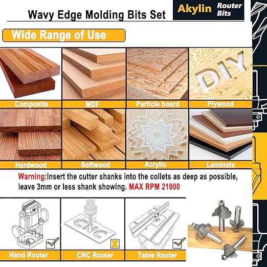 4Pcs Wavy Edge Molding Router Bits,1/2" Shank,3/4",7/8",1-1/8",1-1/4" Cutting Height for Wood Table Edging,Picture Frames Profiling,Furniture Moulds Projects with Bearing Guided