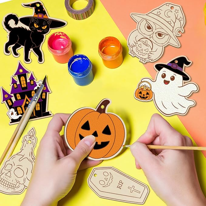 80PCS Wooden Halloween Ornaments to Paint Fall Decorations, 10 Styles DIY Blank - Image 2