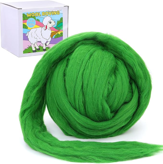 QMNNMA Wool Roving Bulk, 8.82oz Needle Felting Wool-Grass Green Wool | Wool by Qmnnma