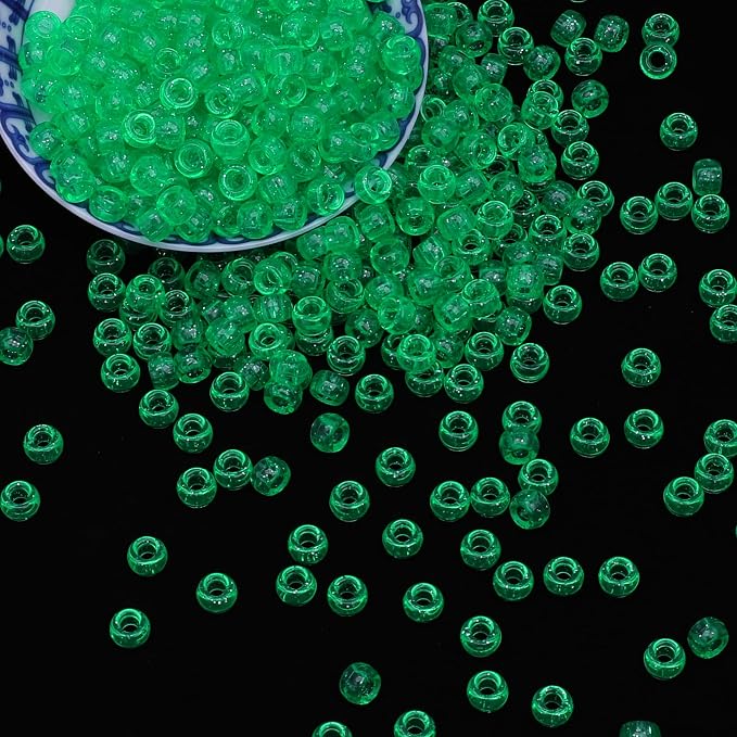 1000Pcs Pony Beads Bracelet 9mm Green Glitter Plastic Barrel Pony Beads - Image 3