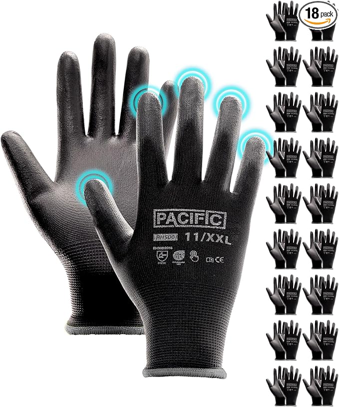 PACIFIC PPE Work Gloves PU Coated-18 Pairs, Touchscreen Working Gloves for Men and Women, Mechanic Gloves, Lightweight, Black, 2X-Large