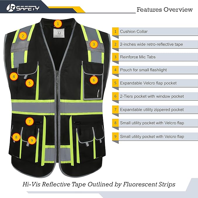 JKSafety 10 Pockets Hi-Vis Zipper Front Black Safety Vest | Cushioned Collar | High Reflective Tapes with Extended Neon Yellow Strips | Meets ANSI/ISEA Standards (Large, 89-Black)