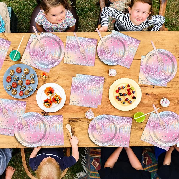 100PCS Iridescent Diamond Birthday Party Plates Napkins Forks Supplies Set - Image 5