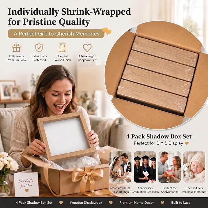 4 Pack 8x10Shadow Box Frame Set, Deep Wood Display Case - Image 8