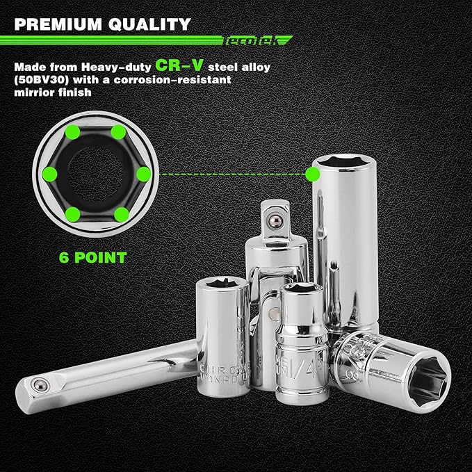 94pcs 1/4" & 3/8" Drive Socket Set, Socket Wrench Set with Ratchet Handle, Extention Bar, Adapter, Screwdriver Bit Set, Spark Plug Socket, CR-V, Metric/SAE, Deep/Shallow, Mirror Chrome Finish