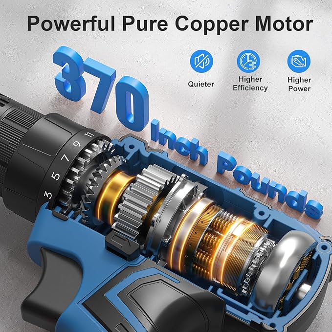 Cordless Drill, 20V Power Drill, Double 2000mAh Power Pack Electric Drills, Cordless Drills with Power Pack and Charger, 3/8" Keyless Chuck Screwdriver with 25+1 Max 370 In-lb Torque, 42Pcs Bits