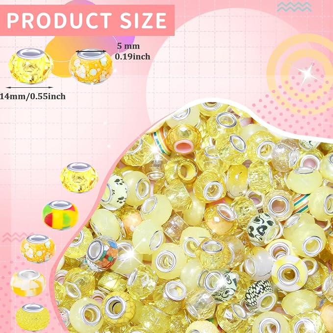 150Pcs Large Hole Beads Spacer Beads Yellow Assorted European Craft Big Beads - Image 2