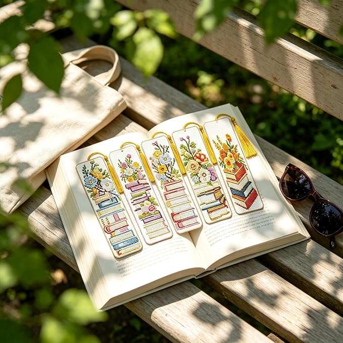 5PC Book Flowers Counted Cross Stitch Bookmark Kit - Image 4