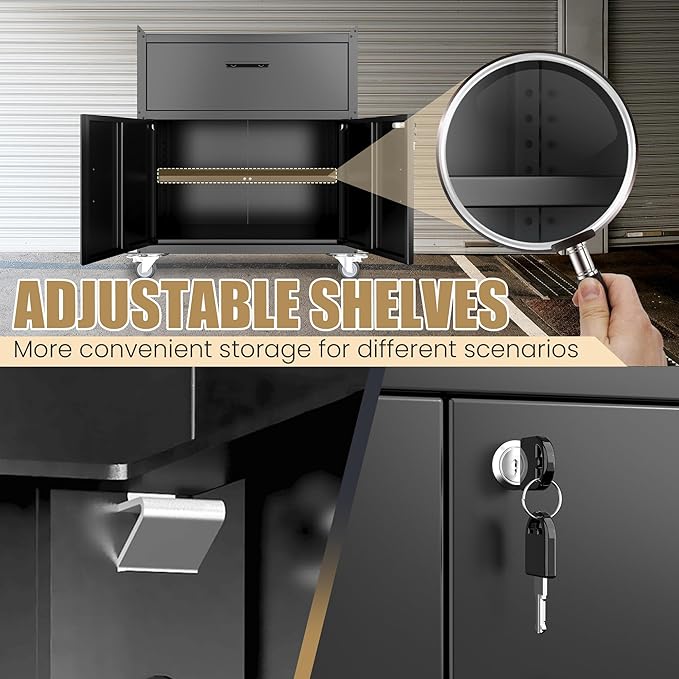 Metal Storage Cabinet, Locking Storage Cabinet with Drawer and Adjustable Shelf, Rolling Tool Cabinets for Garage, Office, Black, Assembly Required (18.4" D x 30.3" W x 35.4" H)