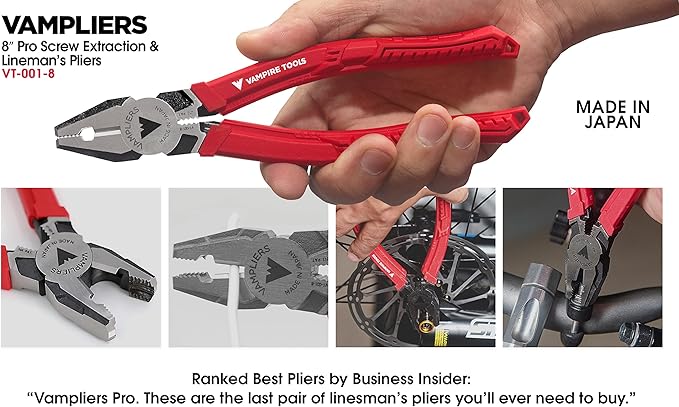 VAMPLIERS 4-Piece Stripped Screw Extractor Pliers Set. Made in Japan. 8" Linesman, 7.5" Long Nose, 6.25" Multi-Purpose & 5" ESD Safe Pliers + Tool Pouch. Remove any Stripped/Damaged/Rusted Screws.