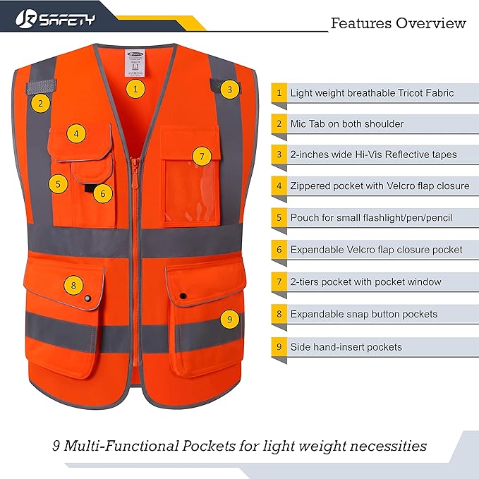 JKSafety 9 Pockets Class 2 High Visibility Zipper Front Safety Vest With Reflective Strips, Meets ANSI/ISEA Standards (150-Orange M)