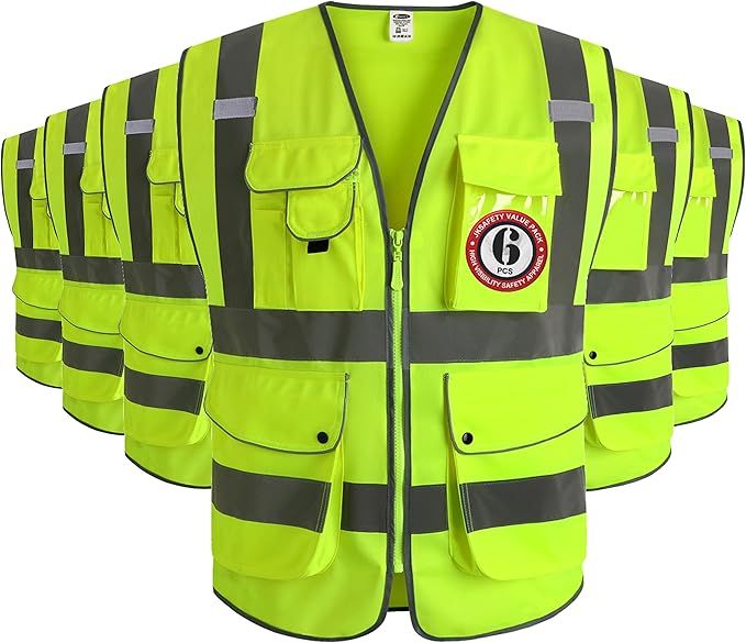 JKSafety 9 Pockets Class 2 High Visibility Zipper Front 6 Pack Safety Vest With Reflective Strips,Meets ANSI/ISEA Standard （155 Yellow M