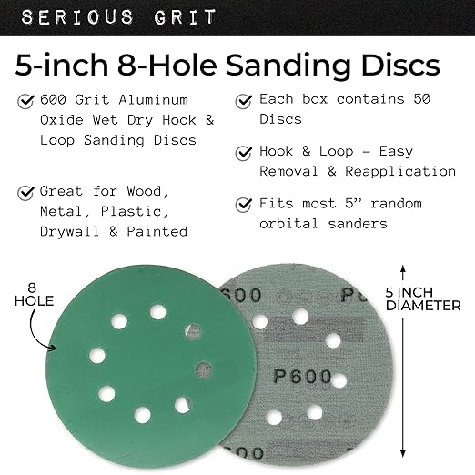 Sanding Discs 5 Inch 8 Hole 600 Grit - Heavy-Duty Hook & Loop Wet Dry Film Sandpaper Discs - Very Fine Sand Paper for Random Orbital Sanders - Wood, Automotive, Epoxy, etc - 50 Pack Box