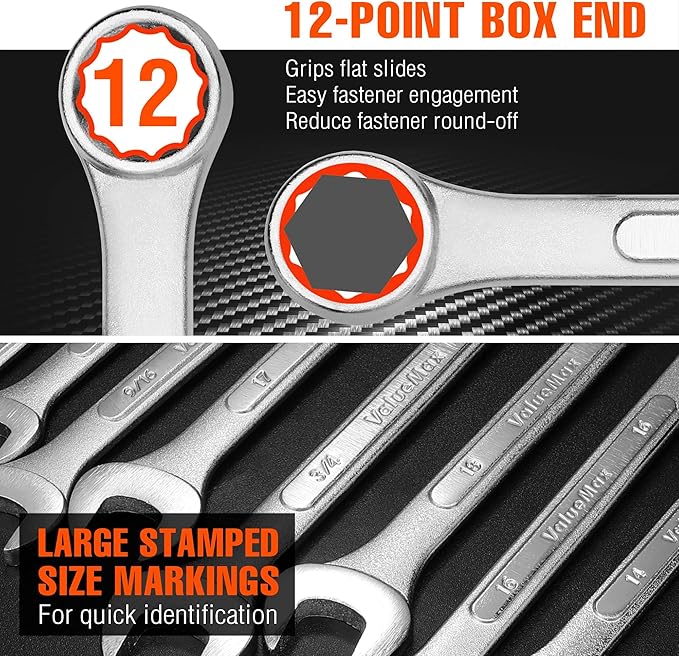 ValueMax Mechanics Wrench Set Metric and Standard, 20PCS Complete Combination Wrenches Roll Set. SAE 1/4" to 3/4", Metric 6mm to 18mm, Full Wrench Set with Roll up Pouch