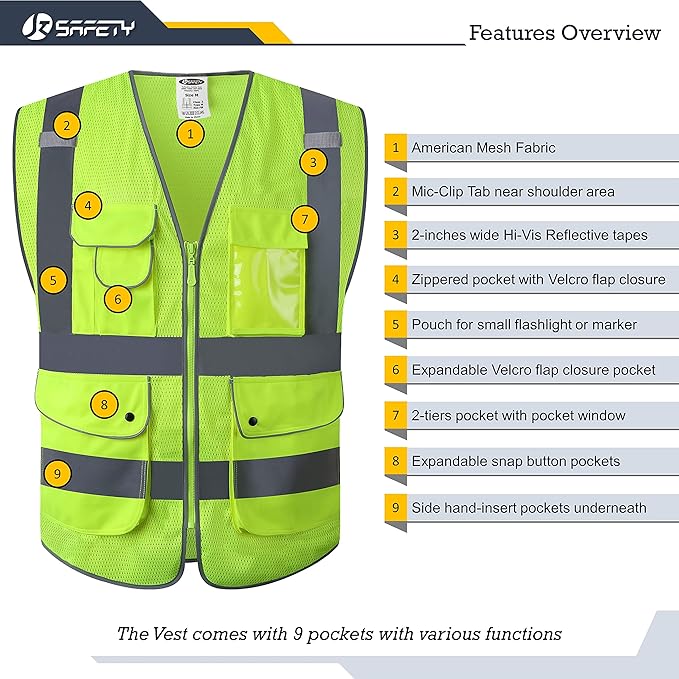 JKSafety 9 Pockets High Visibility Safety Vest for Men and Women, Hi-Vis Reflective Yellow Safety Vests with Zipper Front, Meet ANSI/ISEA Class 2 Type R(159-Yellow XXL)