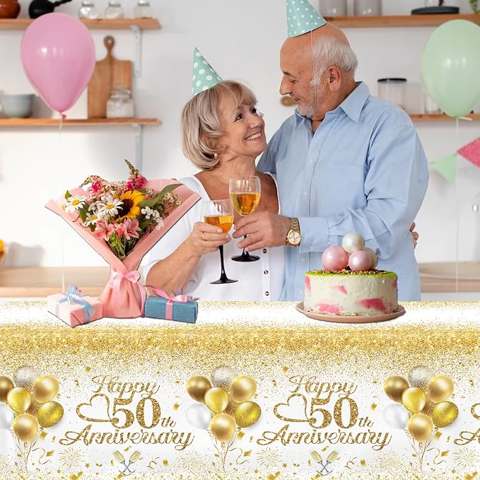 Happy 50th Anniversary Table Cloth, 50 Year Anniversary Decorations 3Pcs White - Image 2
