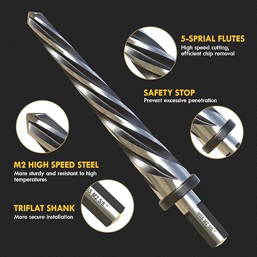 3/4" Bridge Construction Reamer, M2 HSS Taper Chucking Reamer Drill Bit with 5-Spiral Flutes Design for Steel, Alloy, Aluminum, Wood and Plastic