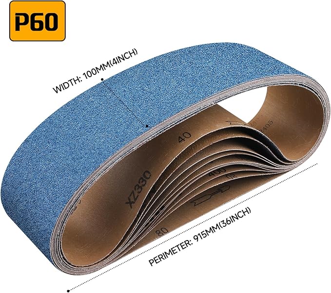8-Piece 4 x 36 Inch 60 Grit Zirconia Sanding Belts, Heavy Duty Long-lasting Sanding Bands for Belt Sander, Rust Paint Removal, Wood Metal Grinding and Finishing