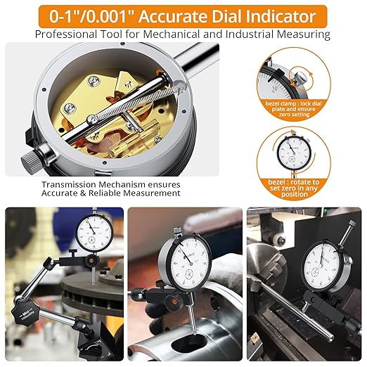 Neoteck Dial Indicator 0-1in/0.001in with 132lbs/60kg Magnetic Base,Imperial Dial Test Indicator Gauge Set with Storage Case for Lathe,3D Printer,CNC,Automobile,Laboratory