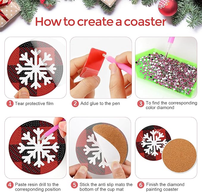 8 Pcs Christmas Snowflake Diamond Art Coasters Kit - Image 3