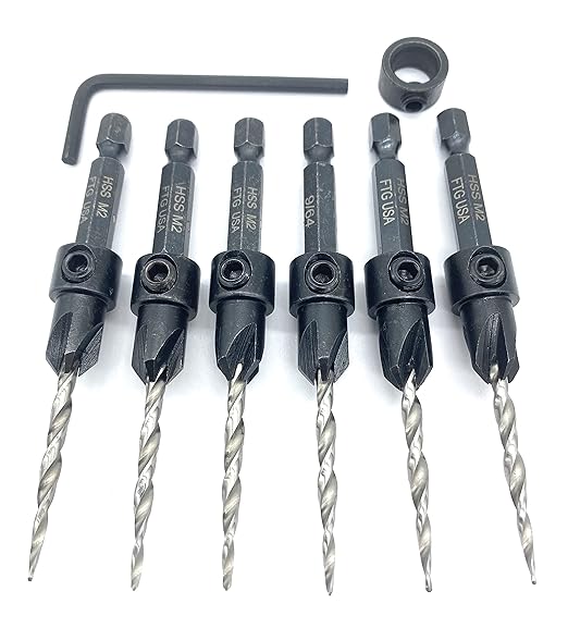 FTG USA Countersink Drill Bit Set for Wood with Tapered Drill Bit 6 Pc #6 (9/64")