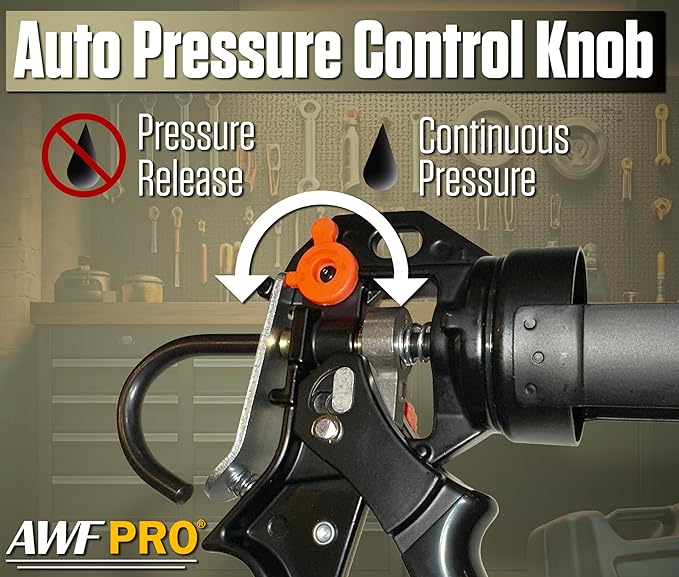 AWF PRO 29 oz Dual Thrust Caulk Gun - 25:1 or 12:1 Thrust Ratio, Dripless, Rotating Barrel, Comfort Grip, with Built-In Puncture Tool