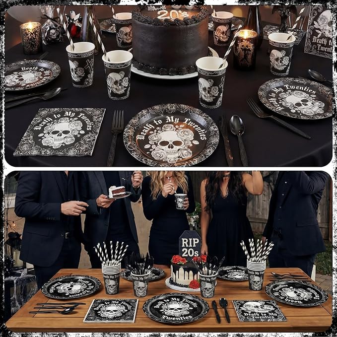 450 Pcs Death to My 20s Tableware Set Black White 30th Birthday Party - Image 5