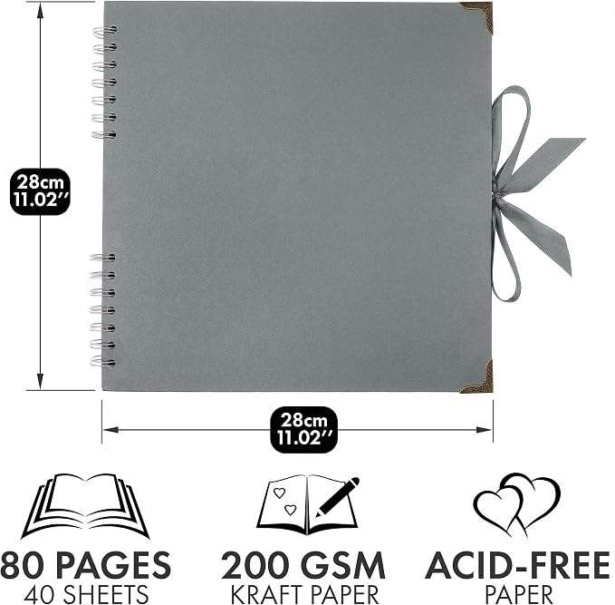 Bstorify Square Scrapbook Photo Albums 80 Pages Grey Thick Paper, Ribbon Closure - Image 2