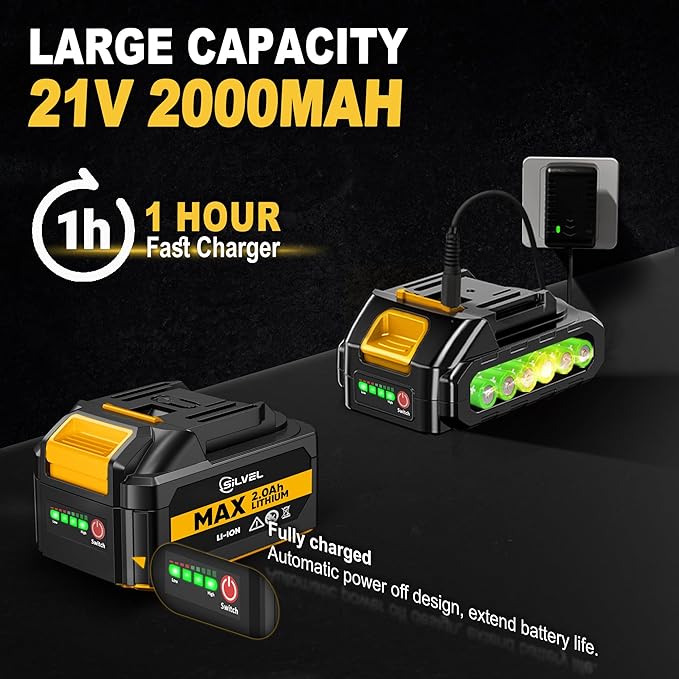 SILVEL 2" Cordless Brad Nailer, 2-in-1 21V Electric Brad Nailer with 2 * 2.0Ah Battery, 1000pcs Nails, 18GA Staples, Adjustable Depth for Woodworking, Home Improvement, yellow