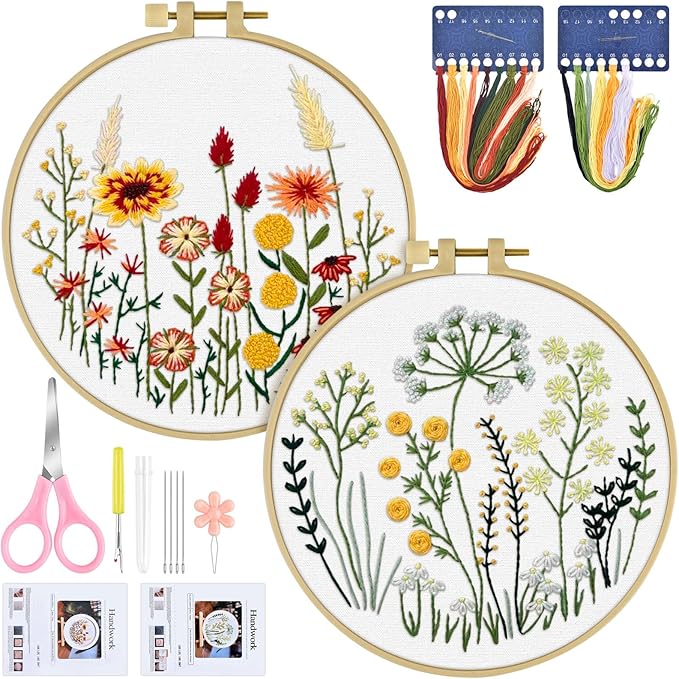 ERKOON Embroidery Kit for Beginners Adult, 2 Set Flower Cross Stitch Set by ERKOON