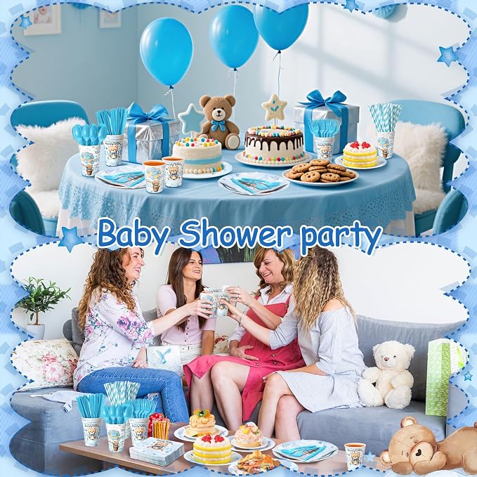 450 Pcs Blue Bear Baby Shower Tableware Set Decorations, We Can Bearly Wait - Image 5