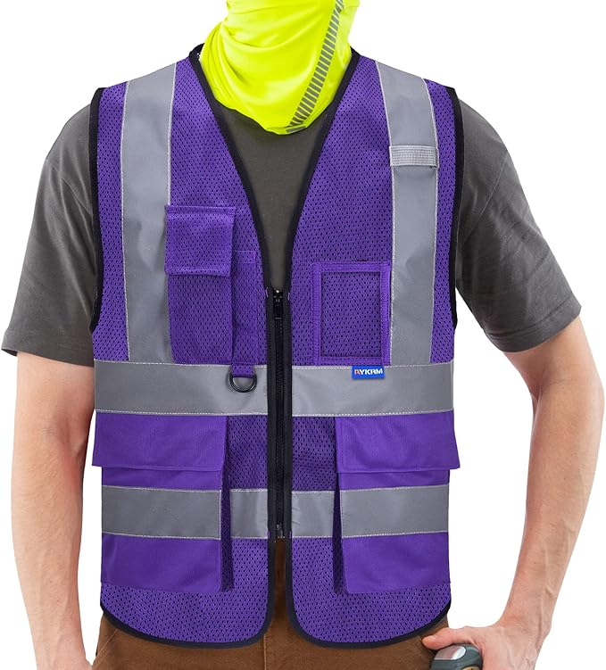 A-SAFETY High Visibility Mesh Safety Reflective Vest with Pockets and Zipper,Hi Viz Work Vest for Men Women (Purple Mesh M)