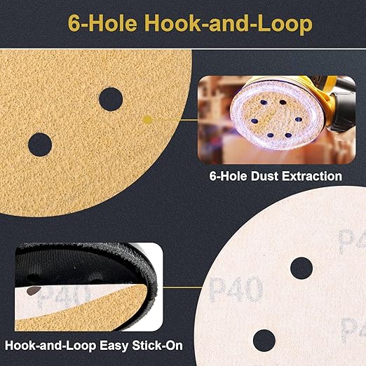 70 PCS 6 Inch 6 Hole Sanding Discs 40 Grit Hook and Loop Adhesive Round Sandpaper for Random Orbital Sander