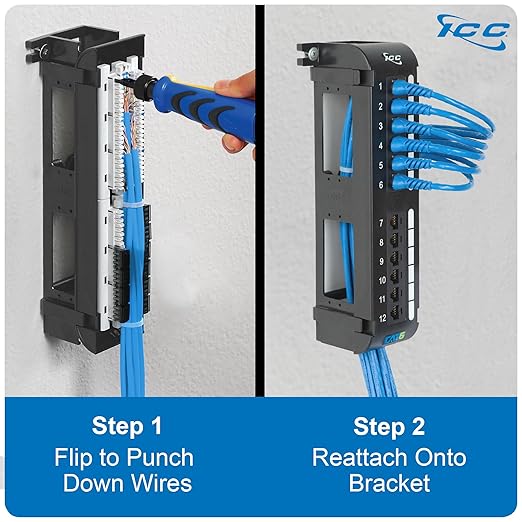 ICC CAT6 Patch Panel, UL Listed & PoE++ Rated Gigabit Applications, Wall Mount 12 Port Network Patch Panel with Rear 110 IDC Terminal Blocks and 89D Wall Mount Bracket, Black, 6-Pack